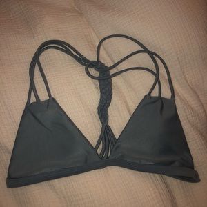 dark grey simple bikini with detailed back.